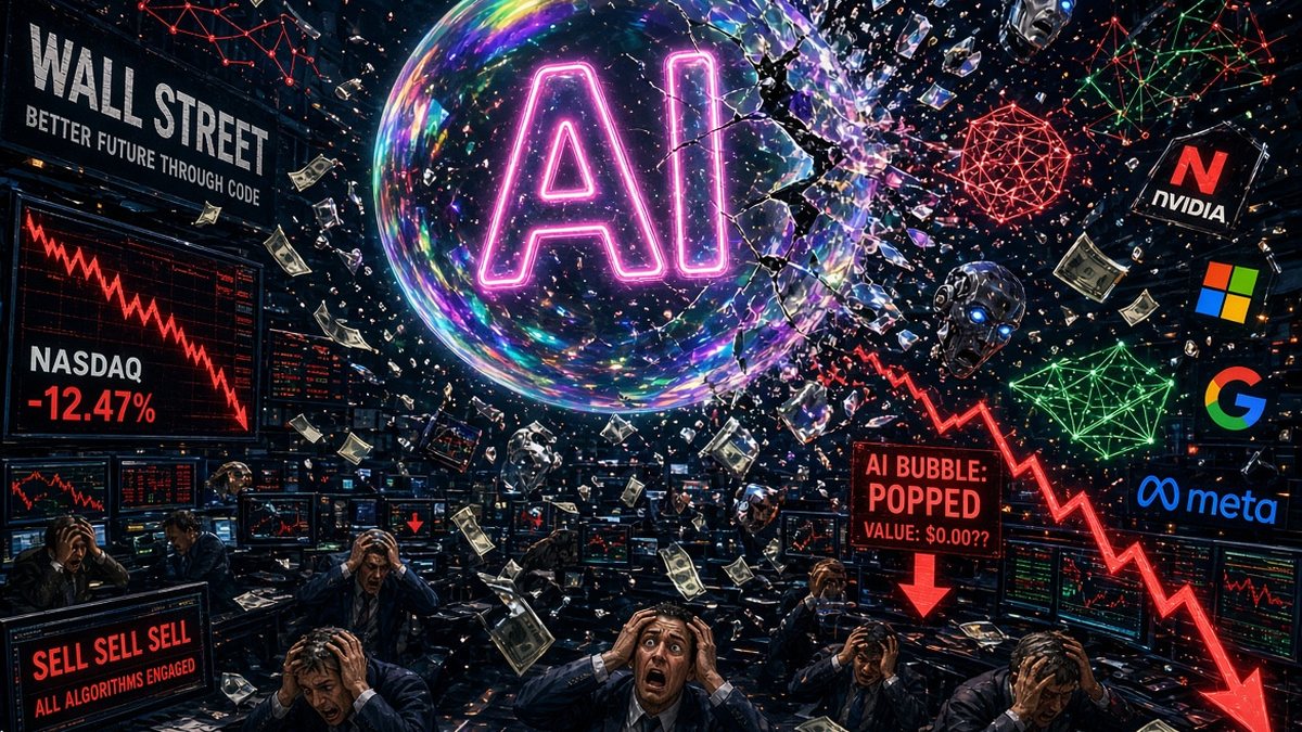 A cracked bubble marked AI bursting above a trading floor