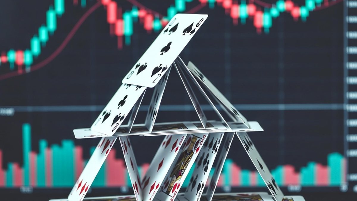 A house of cards standing in front of a candlestick chart