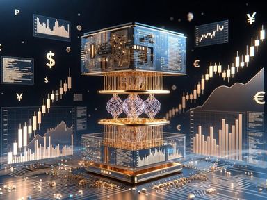 A quantum processor surrounded by market charts