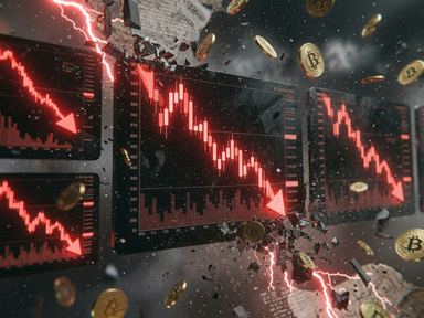 Falling red price charts with bitcoin coins