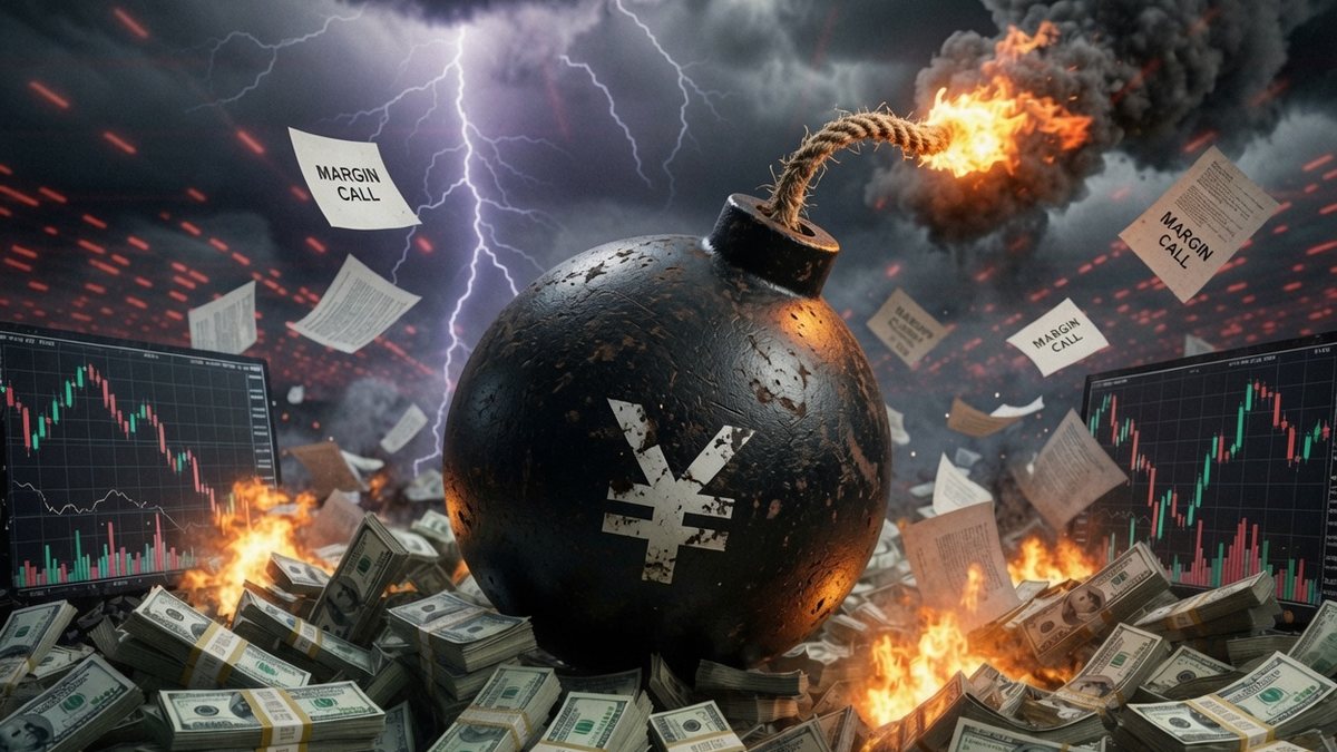A lit bomb marked with the yen symbol sitting on burning bundles of dollars, in front of falling market screens